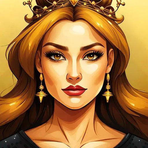 Prompt: Queen bee-A beautiful woman with thick, full honey golden hair arrainged in a top knot behind a gold tiara. Amber colored eyes, gown in colors of yellow and black, facial closeup