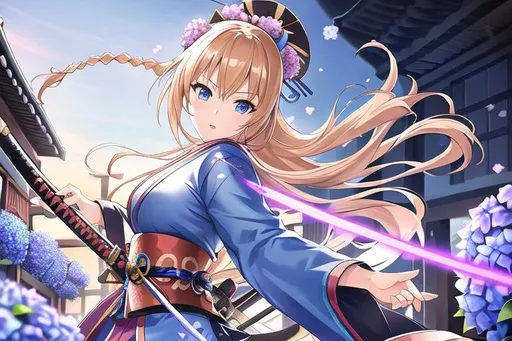 Prompt: young female samurai, long brown-blond braided hair, ocean blue eyes, wearing a blue kimono, hyper realism, digital art Very detailed, anime character, zoomed out view, standing, wielding a katana, blue hydrangea hair ornament on one side of her head, fighting stance, dynamic pose, abandoned Japanese shrine  in the background