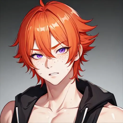 Prompt: Erikku male (short ginger hair, freckles, right eye blue left eye purple) muscular, UHD, 8K, Highly detailed, insane detail, best quality, high quality, casual outfit