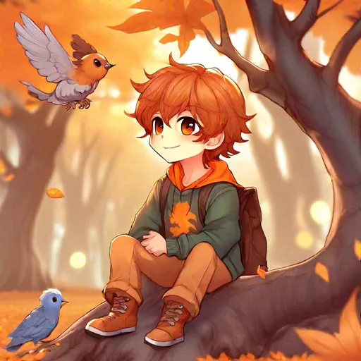 Prompt:  chibi, (((full body view)))  anime boy with a bird in the forest, young man, 6 years old handsome, pastel eyes, copper hair, smiling, fluffy hair, fantasy character, comic book style,  highly detailed , concept art , dynamic, sweater, dynamic light, highly detailed, sitting under an orange maple tree, concept art, dynamic, {{visible textured brush strokes}}, shadows, highlights, contrast,  


