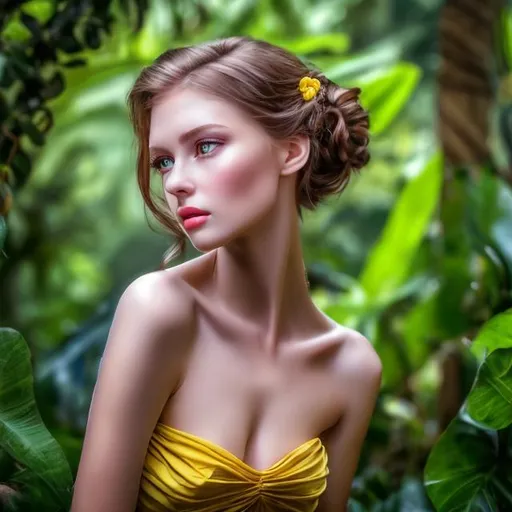 Prompt: professional modeling photo Jane as live action human woman hd hyper realistic beautiful petite english woman brunette hair updo fair skin blue eyes beautiful face victorian yellow dress and jewelry and parasol enchanting african congo hd background with live action realistic jungle vines