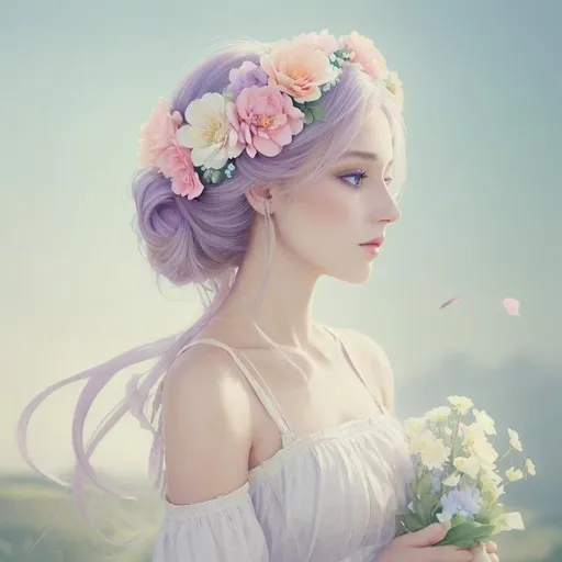 Prompt: Beautiful creation, woman with flowers in her hair, pastel colors