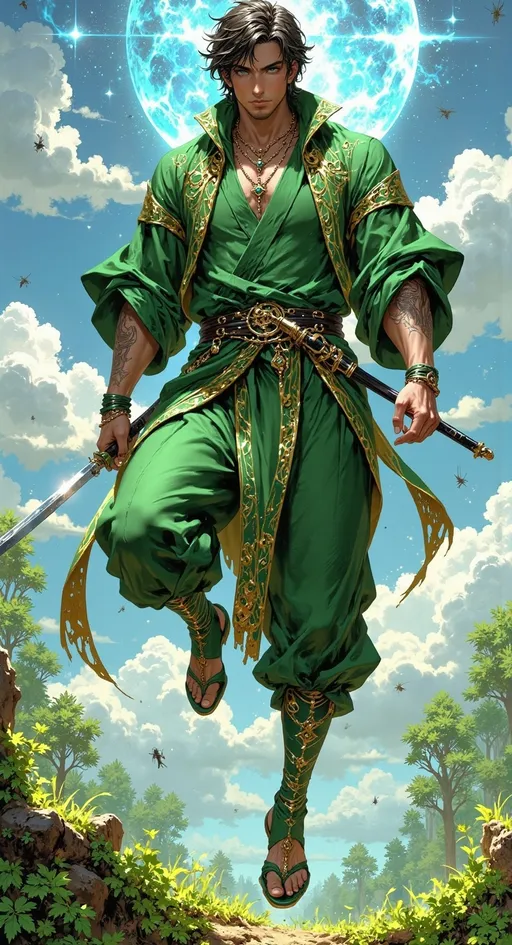 Prompt: ((tall adult man)) as a ((magical samurai)) with ((brown hair)), facial hair beard, light green eyes, dressed in ornate completely light green layered textured samurai gear, left hand holding ((katana)). he is jumping.

sunny skies, high contrast lighting, ((wide length camera)), eye-level shot, side angle, wide depth of field. film grain, film textures.

Overall feeling of luck. The background is a high detailed ancient enchanted grass field, filled with bugs and insects.