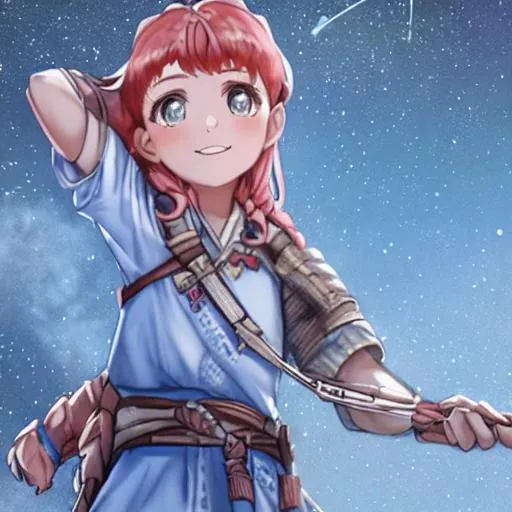 Prompt: Aloy 4K looking at the stars with a bow in hand smiling