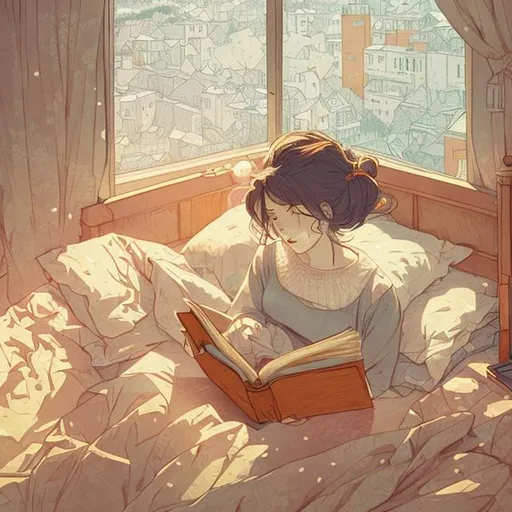 Prompt: nostalgic illustration of a 26 year old female reading a book in bed by denizu posuka warm colors