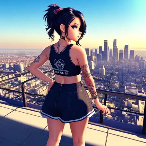 Prompt: A childrens book illistration  in digital art of a cute lil gangster girl with tattoos beautifiul hair with city of la in background 