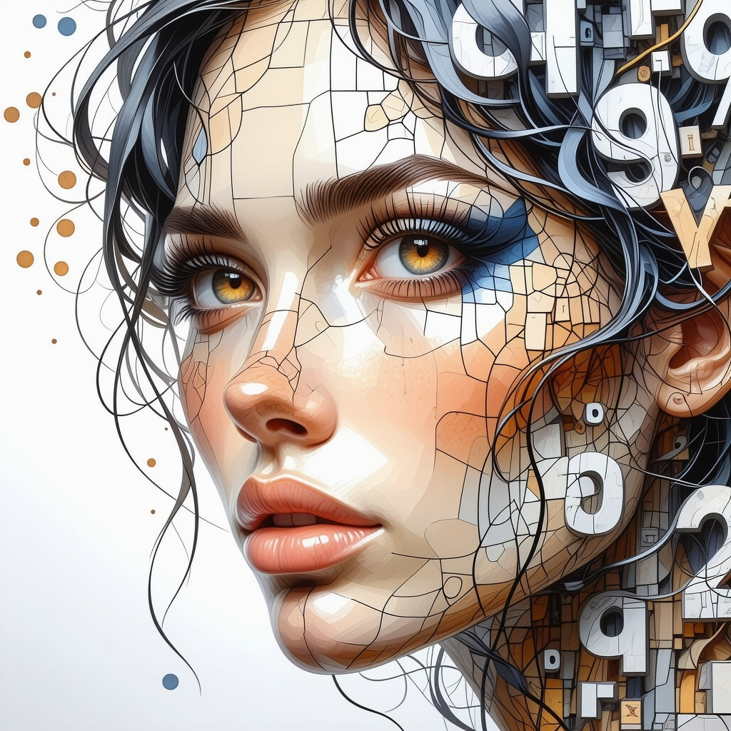 Female face made out of numbers and letters,colour p...