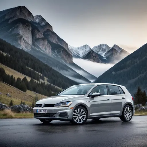 Prompt: 8k image of grey volkswagen golf, soft lighting, mountains in background, mist in front of mountains but behind car