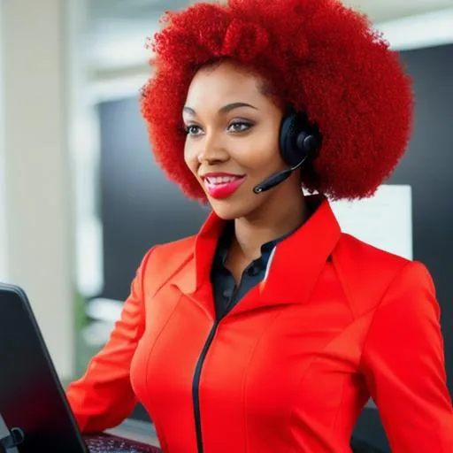 Prompt: advertising, a black female telemarketer, wearing futuristic red clothes