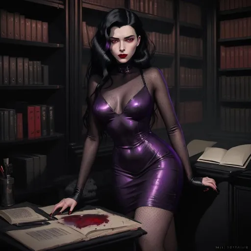 Prompt: "the femme fatale" (painting) by ((((style of Greg Rutkowski)))), digital painting, (gritty vintage noir),  classy (gothic) woman with long black hair, ((purple eyes)), red lips, wearing a black (high neck minidress), set in a warmly lit private detective's office