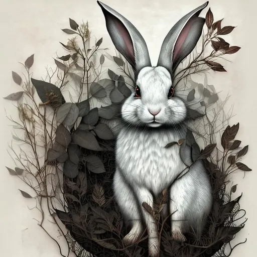 Prompt: a forest white rabbit, black lace leaves, on white background, surreal, detailed, Christian Schloe