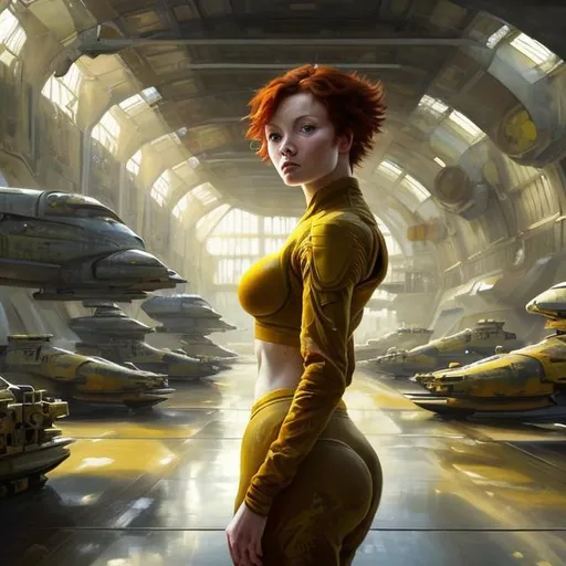 Prompt: Oil painting of a woman with short red hair tied back, pretty face, futuristic bright yellow ochre military fatigues, standing in a futuristic hangar bay. perfect composition, hype realistic, super detailed, 8k, high quality, trending art, trending on artstation, sharp focus, studio photo, intricate details, highly detailed, by greg rutkowski