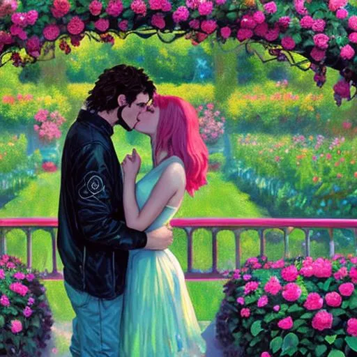 Prompt: couple kissing in rose garden cyberpunk monet