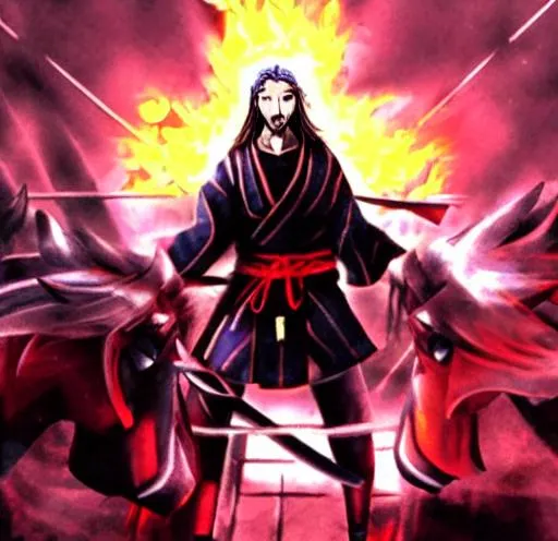 Prompt: Anime war scene graphic High detail Samurai warrior crusaders with Jesus Christ as depicted in the book of  revaltion coming out of heaven gathering his chosen to ride against the enemy Satan and his fallen cyberpunk ninjas