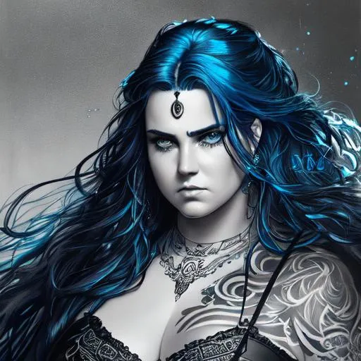 Prompt: a painting of a heavyweight woman with neon blue long wavy hair,  round face, chubby face, by Luis Royo, amy sol in the style of, neon color scheme art rendition, annoyed expression, tattoos, detailed facial structure, (((barbarian))), (((warrior))), black and white artwork, idealised, pastel drawing, digital art of an elegant, artgram, female water elemental, pinterest anime, charli bowater and artgerm