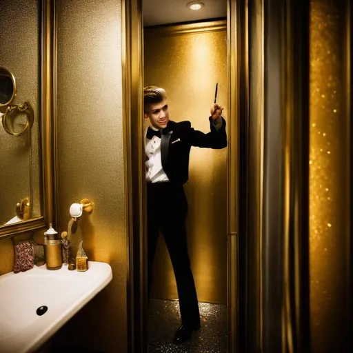 Prompt: View from inside a bathroom stall of a 16 year old Magician boy in a tuxedo leaning over the top of the bathroom stall waving and pointing his magic wand into the stall casting a spell causing gold sparkly magic to fly into the stall