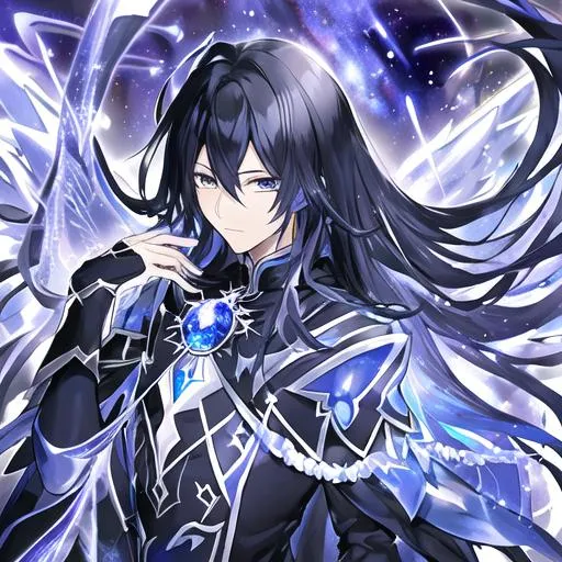 Prompt: Sapphire blue asassin cloak, long galactic black hair ,male, black wings, 8k, man