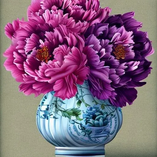 Prompt: beautiful peony boquet in a china vase, realistic