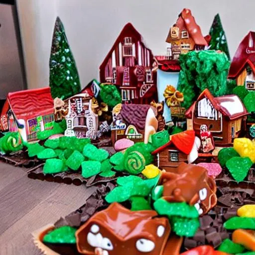 A candy village with chocolate river | OpenArt