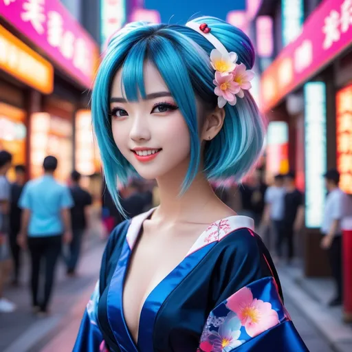 Prompt: realistic photo quality, full body view, cute petite 21 year old anime girl, bright color for hair, detailed facial features with shy smiling expression, in cyber geisha style costume adaptation, detailed clothing elements, highly stylized artstyle, messy abstract neon tokyo hip shopping district background, digital illustration, ultra hd, motion blur, deep depth of field, deep blue color scheme, pastel color scheme