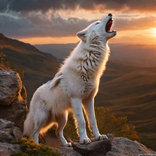 Prompt: beautiful white wolf pup howling, standing on cliffside, sunrise, UHD, full body focus, professional, vibrant, wild billowing fur, big 8k {silver eyes}, thick fluffy {rose-gold mane}, vivid colors, rich colors, majestic colors, majestic golden sky, realistic fur, highly detailed, intricate detail, Anne Stokes, Yuino Chiri, detailed oil painting, masterpiece, unreal engine, artstation, 8k HD