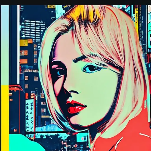 Prompt: long shot profile of a blond haired woman looking away, on a street in tokyo, realistic, futuristic, 4K, in the background the metaverse, neon, in the style of Andy warhol, vibrant pastels
