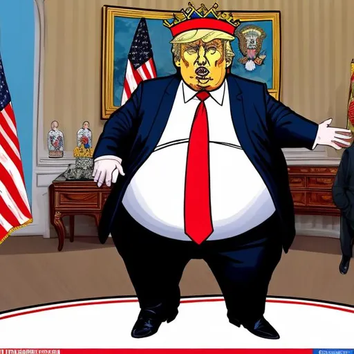 Prompt: Obese Trump as king wearing a crown on his head with stars and stripes, too long red tie + dark-blue suit, Oval Office scene, Sergio Aragonés MAD Magazine cartoon style 