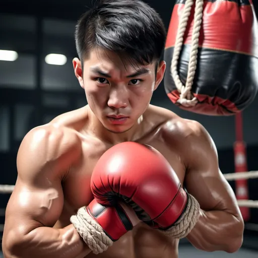 Prompt: high resolution, 4k, detailed, high quality, professional. Asian young face. Muscular Boxer with red boxing gloves being tied to a used sandbag.