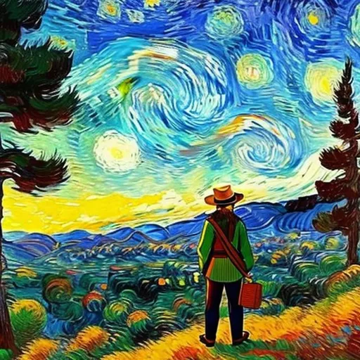 Prompt: A well-dressed man [Flamboyant Clothing, Straw Hat, thick beard], wandering in the mountains, a wooden cabin in the distance. peaceful atmosphere. Character by Hirohiko Araki. background by Vincent Van Gogh {Skies painted by Vincent Van Gogh}. Background by Bob Ross {Mountain painted by Bob Ross}.