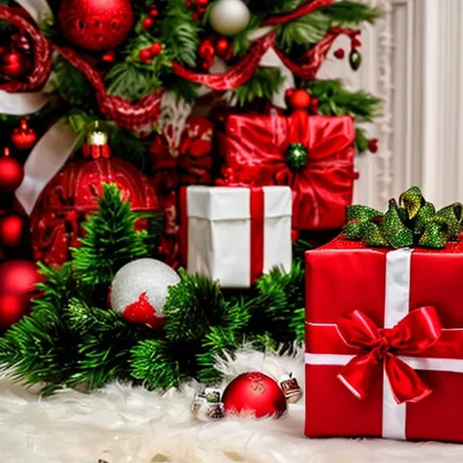 Prompt: Christmas present , red ,green, with white ribbon and beautiful decoration behind the present and christmast tree
