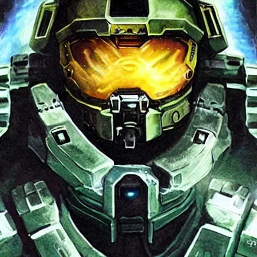 Prompt: Surreal dark anime painting of Halo Master Chief 
