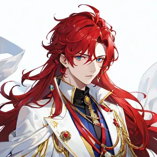 Prompt: Zerif 1male (Red side-swept hair covering his right eye) wearing a royal suit, white shawl, 