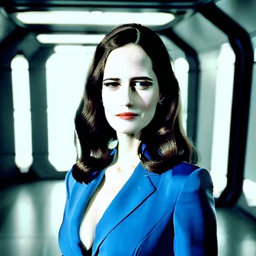 Prompt: Eva Green is a futuristic civil servant dressed in a Space-1999-inspired business suit on a space station. photorealistic, accurate face
