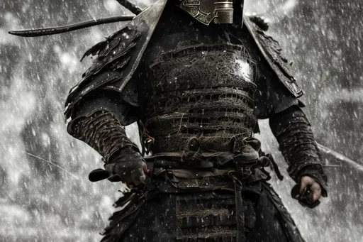 Prompt: HDR, professional, 8k, best version, masterpiece,faceless samurai with black armor  black full face helmet black katana standing in the rain
