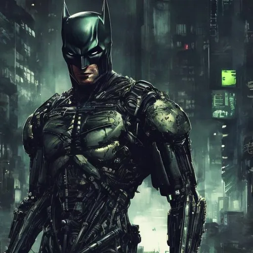 Prompt: Very dark black, gold and green evil distant future bionic enhanced batman. Super soldier. Accurate. realistic. evil eyes. Slow exposure. Detailed. Dirty. Dark and gritty. Post-apocalyptic Neo Tokyo. Futuristic. Shadows. Sinister. Armed. Fanatic. Intense. 