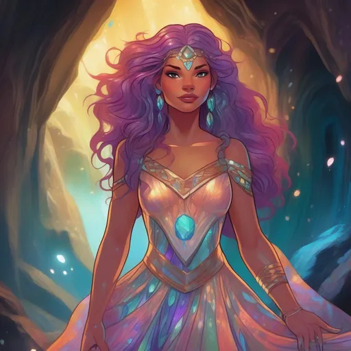 Prompt: A colourful and beautiful Persephone, in a beautiful flowing iridescent dress, with iridescent gems as her hair, with glowing tribal markings on her skin, in a cave. In a Disney and Marvel Comics painted style.