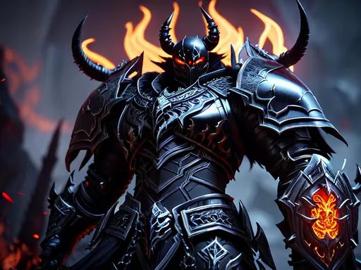 Prompt: a death knight men with a Venom mouth,with horns on his forehead, flaming eyes, finely detailed armor, cinematic lighting, intricate filigree metal design, 4k, 8k, unreal engine, octane render,