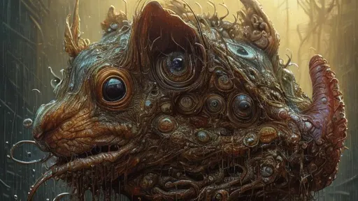 Prompt: Portrait of an incredibly ugly person with the head of a squirrel. slimy and wet, intricate complexity, horror, psychedelic art, trending on art station, photoreal, 8k, octane render, by Naoto Hattori + Daniel Merriam, dystopian background, tetradic colors dystopian fantastical hyperdetailed cyberpunk