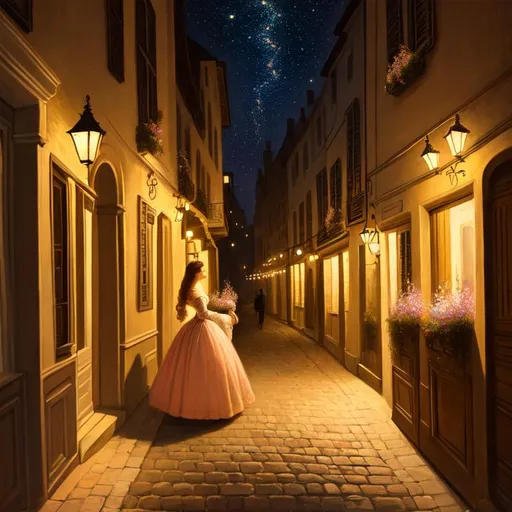 Prompt: painting of a woman, nighttime, 1700's france, city street, ancient, historical, galaxy, soft light, pastel colors, muted color scheme, art, painting, fireflies