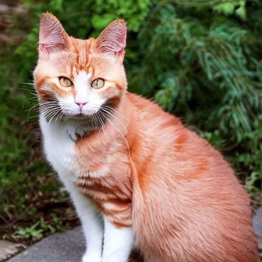 Prompt: a rosy ginger short-furred she-cat with a white lower half and a dark brown tail-tip and a dark brown splotch over one eye. They are half-blind and have bright yellow eyes
