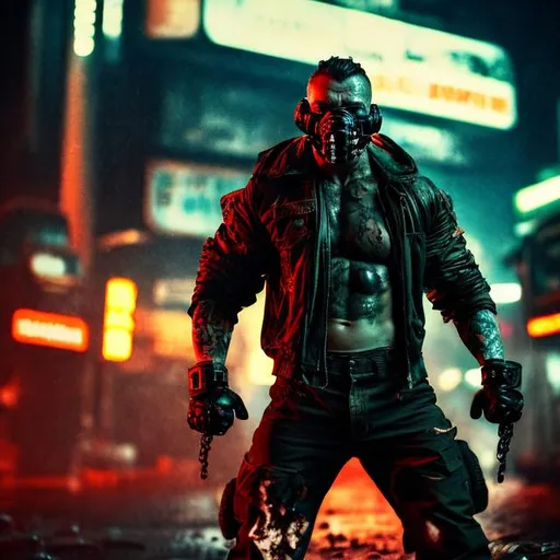 Prompt: Muscular Villain. Tattoos. Tough. paramilitary jacket. Slow exposure. Detailed. Dirty. Dark and gritty. Post-apocalyptic Neo Tokyo. Futuristic. Shadows. Sinister. Armed. Brutal. Intimidating. mask. Fanatic. Intense. Heavy rain. Neon lights in background. Explosion. Burning car in mid distance.  Explosive Detonator in hand.