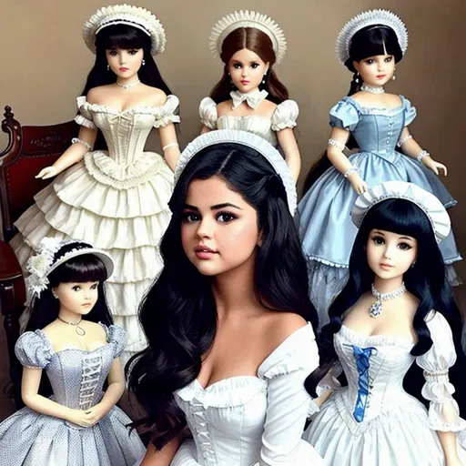 Prompt: Selena Gomez being turned into a porcelain doll wearing victorian dress & bonnet, surrounded by other porcelain dolls.