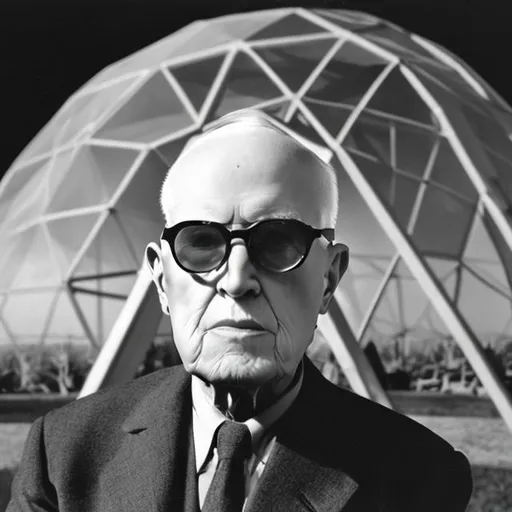 Prompt: Buckminster Fuller portrait with his geodesic dome in the background.