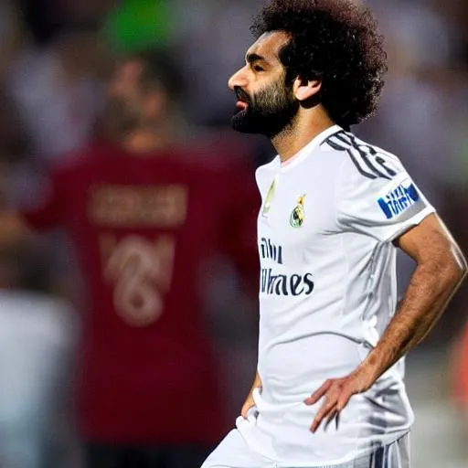 Prompt: Mohamed Salah Hamed Mahrous Ghaly real madrid shirt white Estadio Santiago Bernabéu human