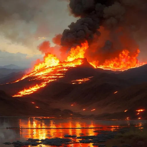 Prompt: A Landscape engulfed entirely in flames. Extremely detailed, realistic. Krenz Cushart + loish +gaston bussiere +craig mullins, j. c. leyendecker +Artgerm.
