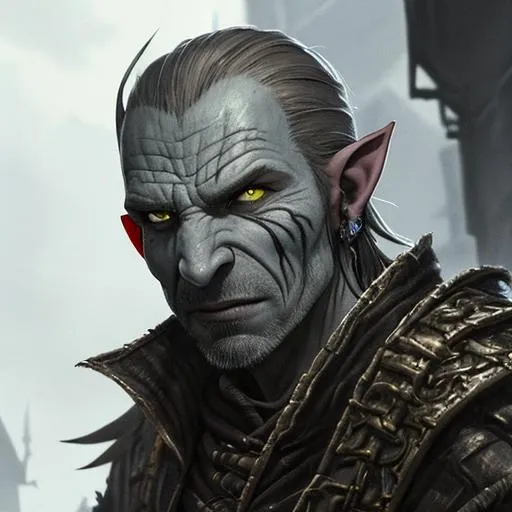 Prompt: Portrait of scowling Ralph Fiennes as an orc with grey skin, beautiful, ugly rough, thief clothes, walking in a fantasy alley, rats on the ground, cinematic lighting, dark colors, in fantasy style
