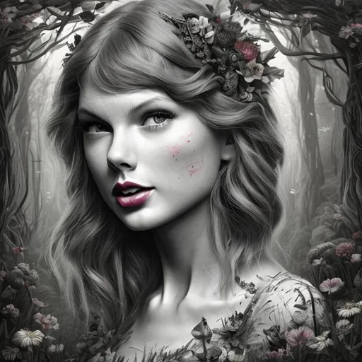 Prompt: generate me a Taylor Swift album cover concept with no words whatsoever on it called "Flora" which features a rustic, forest-like aesthetic true to her later eras such as Evermore and Folklore. it must be highly realistic detailed, 4k HD with sunlight shining over taylor, a detailed face with no words. it can be black and white.