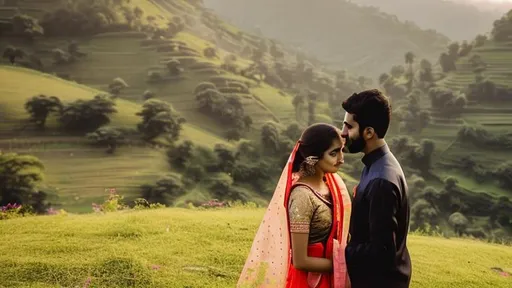 Prompt: Indian young couple almost kissing each other surrounded by hills