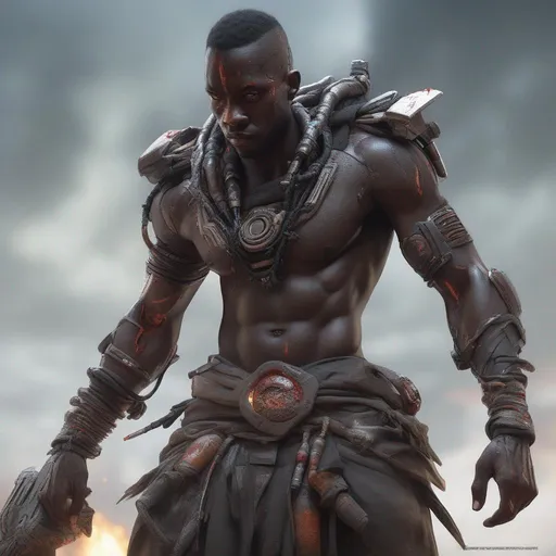 Prompt: A deadly African cyborg warrior, tribal dark futuristic, concept art, dystopia, orientalist, full body, dynamic, pose,  insane detail, detailed, bloody damaged worn, cinematic, hyper realism, realistic proportions, dramatic lighting, high detail 4 k, artstation