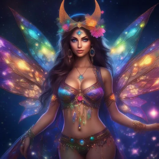 Prompt: A complete body form of a stunningly beautiful, hyper realistic, buxom woman with incredible bright eyes wearing a colorful, sparkling, dangling, glowing, skimpy, boho, flowing, sheer, fairy, witches outfit on a breathtaking night with stars and colors with glowing, detailed sprites flying about